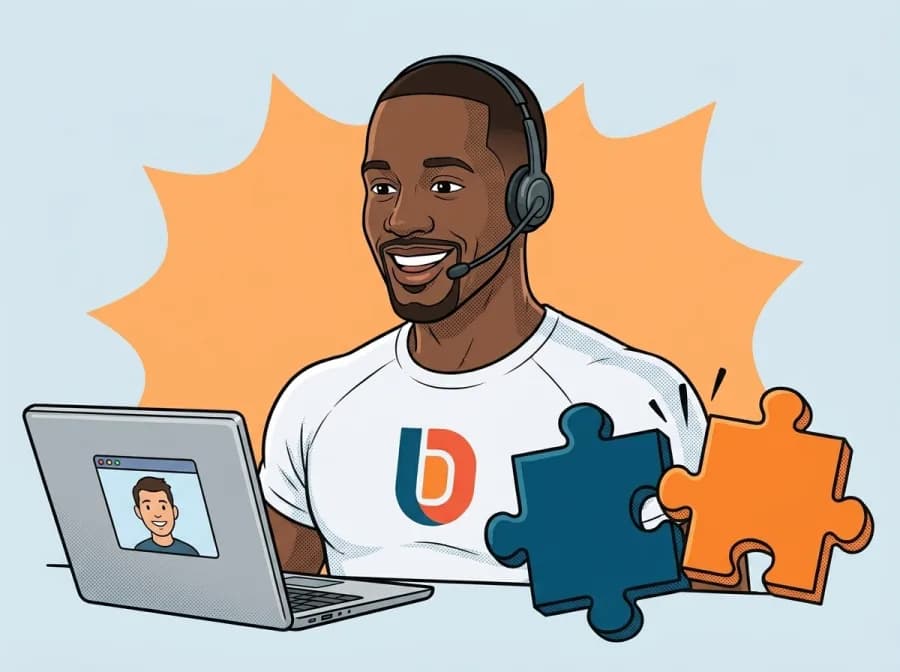 Dimitri on a video call with a headset, as two puzzle pieces click together