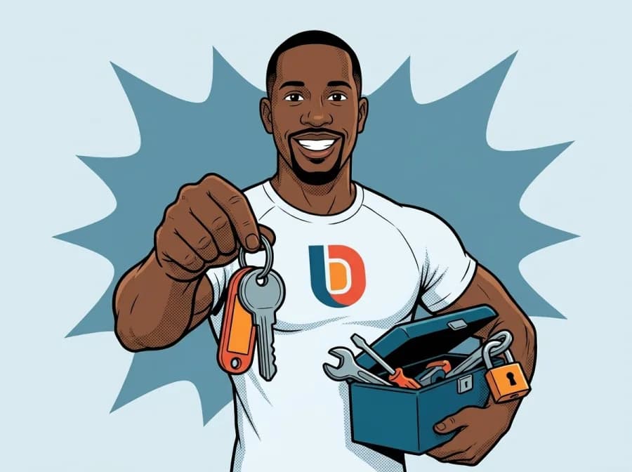 Dimitri handing over a key, with an open toolbox under his arm