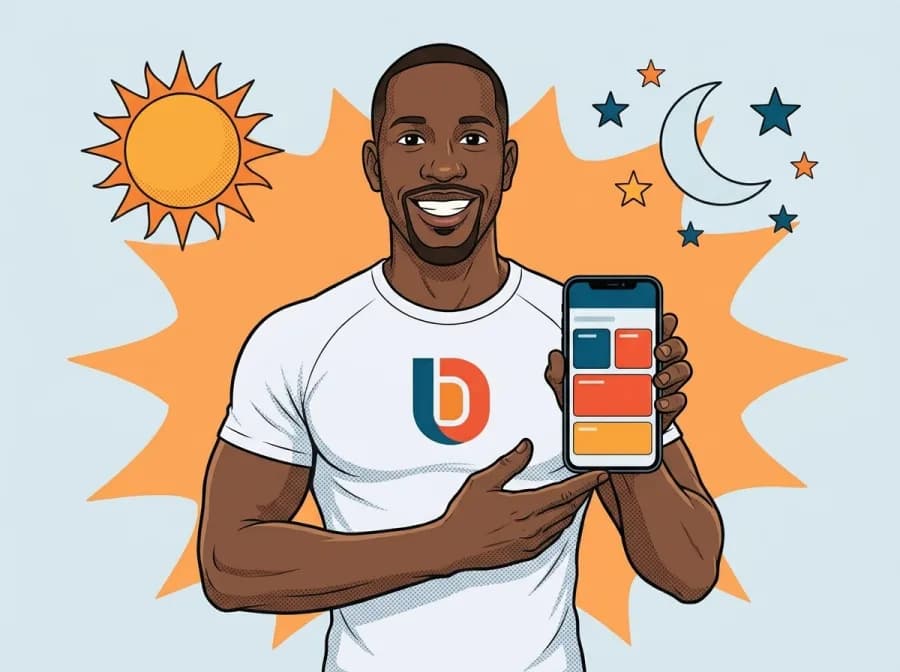 Dimitri holding up a phone dashboard, a sun on one side and a moon on the other
