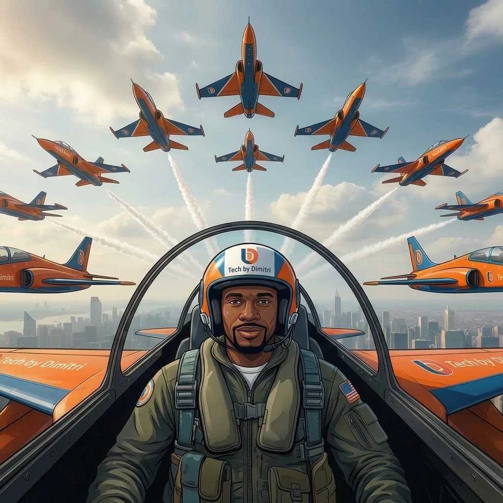 Dimitri piloting a jet at the centre of a Tech by Dimitri flight formation