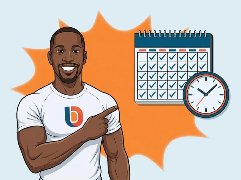 Dimitri pointing at a wall calendar full of ticks, beside a clock
