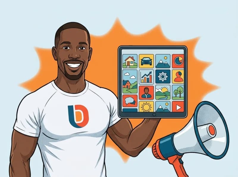 Dimitri holding up a tablet of picture tiles, with a megaphone beside him