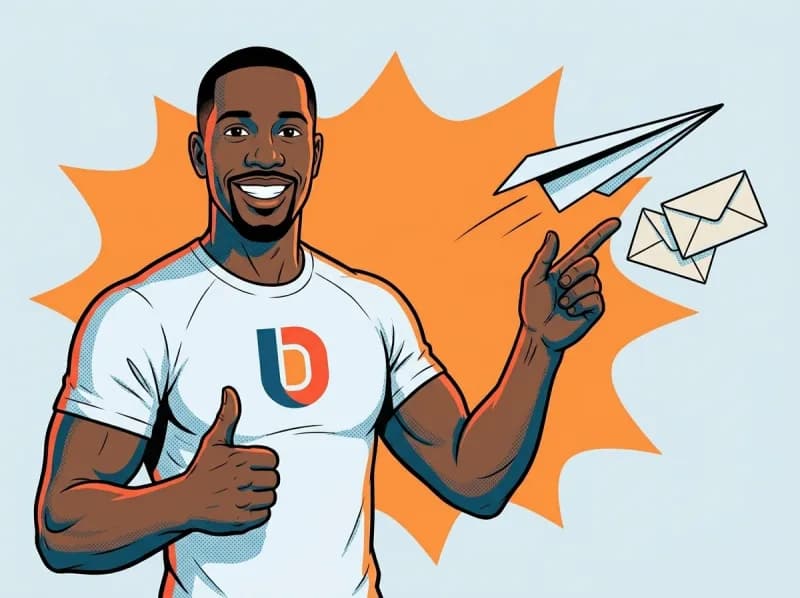 Dimitri giving a thumbs-up as a paper plane and two envelopes fly off
