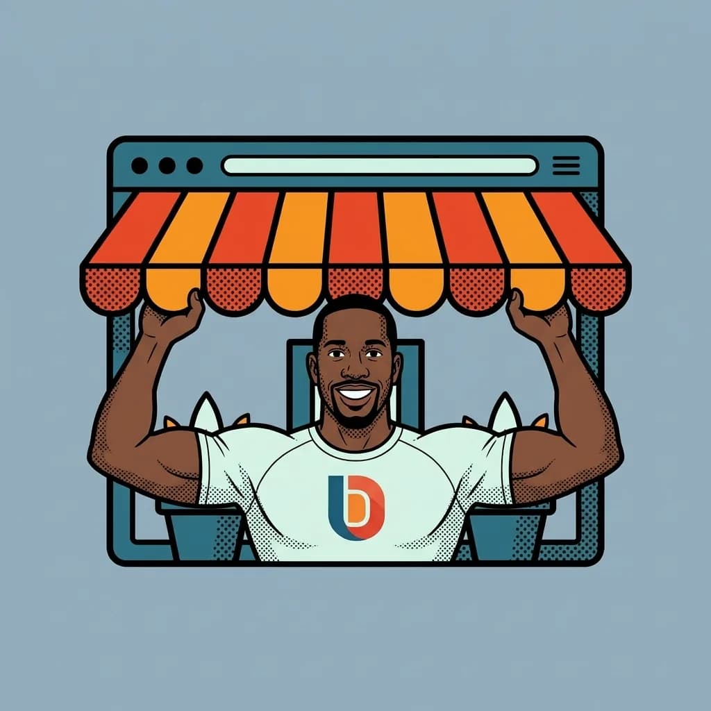 Dimitri holding up the awning of a web page drawn as a small shopfront