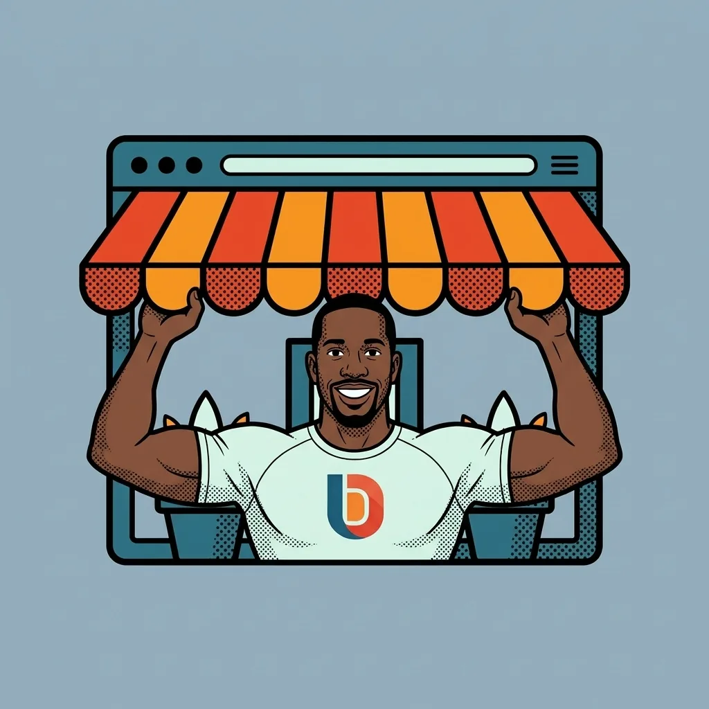 Dimitri holding up the awning of a web page drawn as a small shopfront