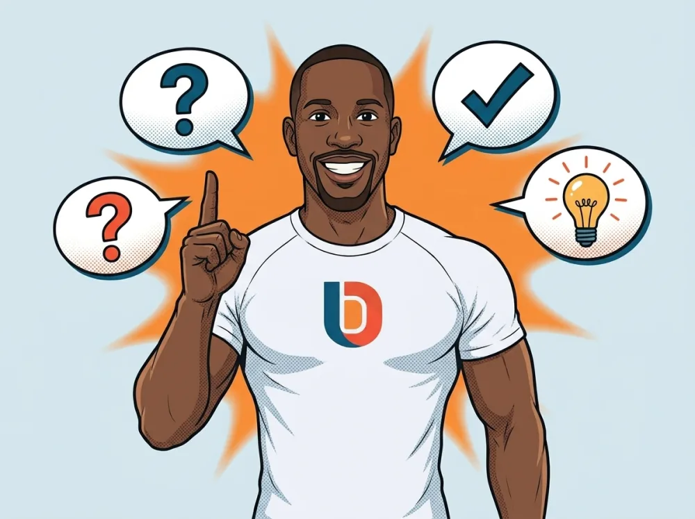 Dimitri raising a finger with an answer, between two question marks, a tick and a lightbulb