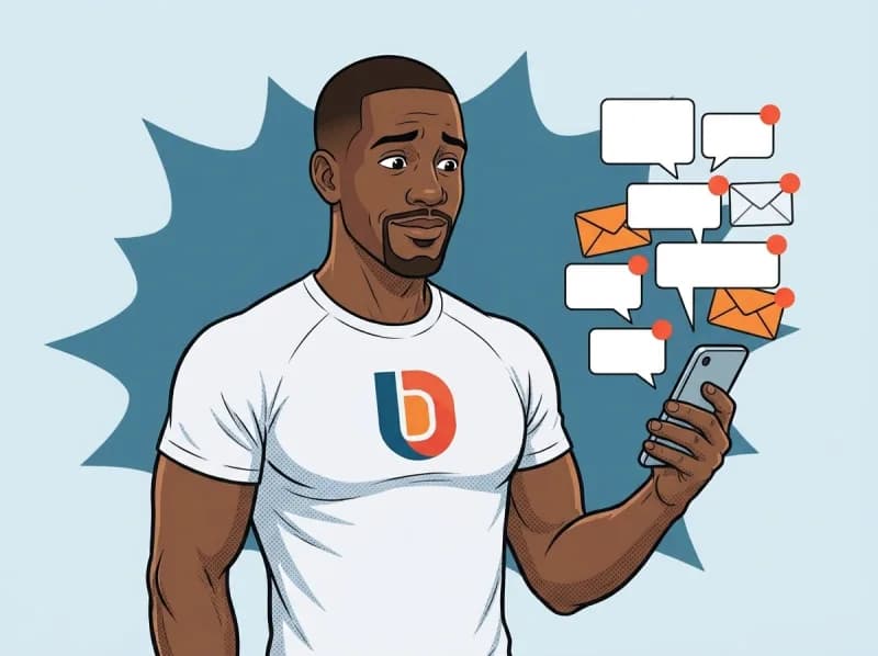 Dimitri looking at a phone as unread messages stack up beside it