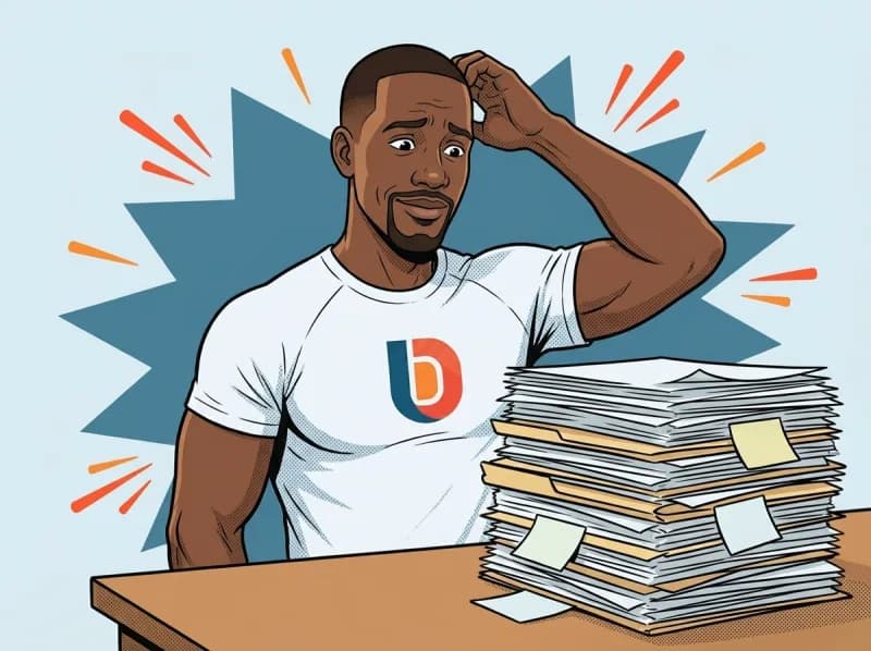 Dimitri scratching his head at a leaning pile of paperwork