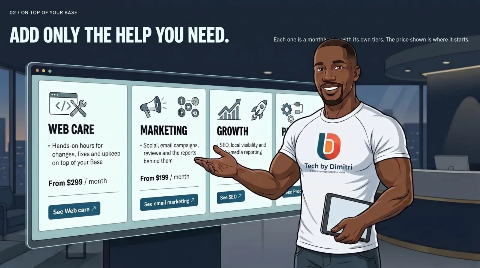 Dimitri presenting a screen of skill set cards: Web care, Marketing and Growth