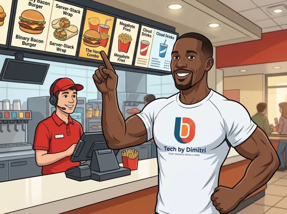 Dimitri at a counter, pointing at a menu board of extras