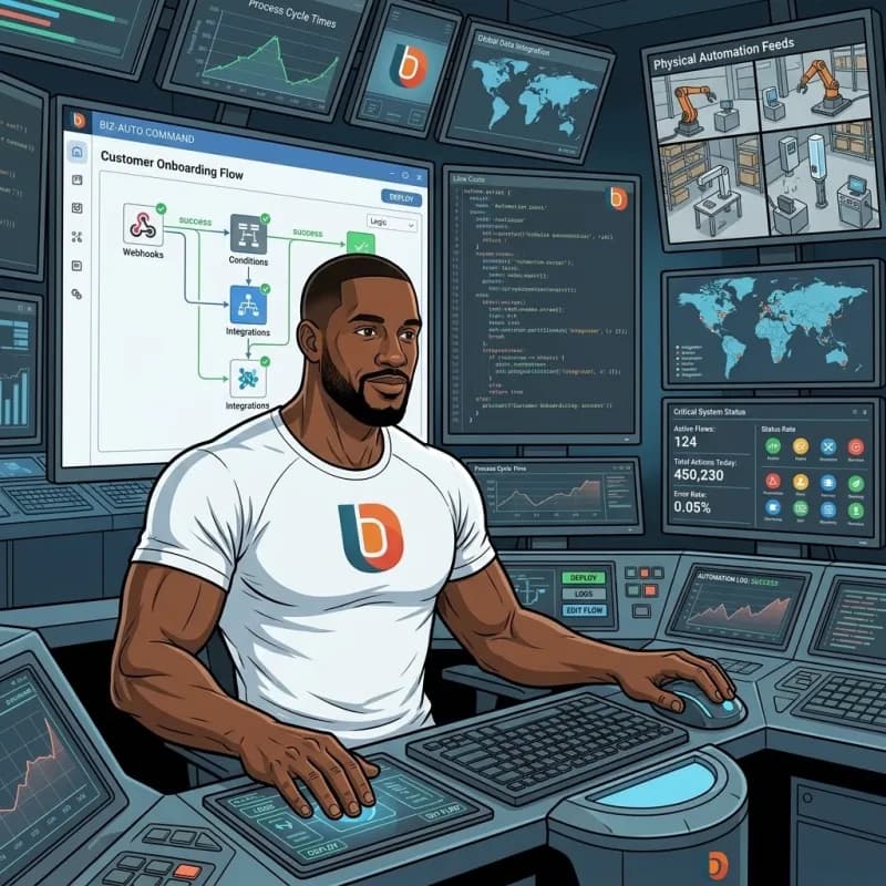 Dimitri at a control desk, with an automation workflow on screen