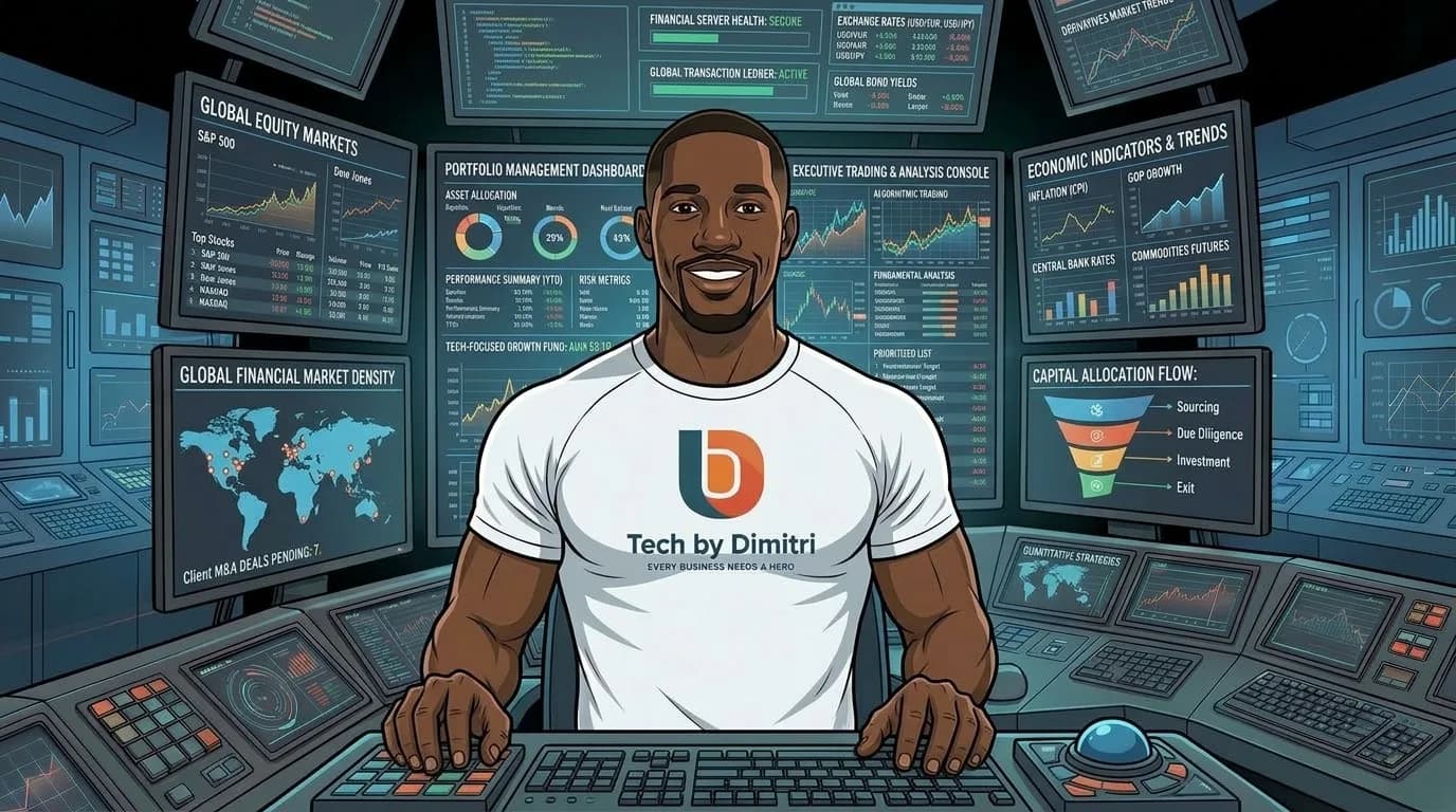Dimitri at a control desk surrounded by screens of financial charts and dashboards