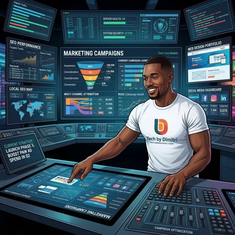 Dimitri at a control desk, working on a marketing campaigns dashboard
