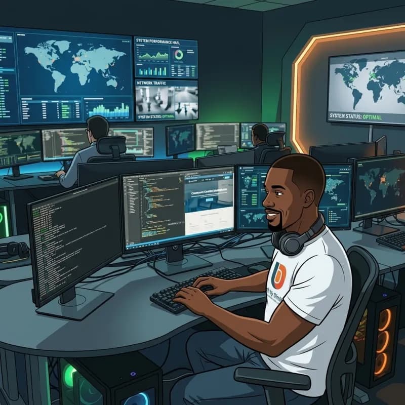 Dimitri at a desk of monitors, writing code for a website